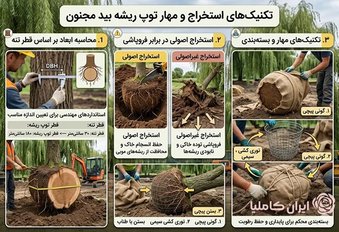 توپ ریشه در جابجایی درخت بید مجنون